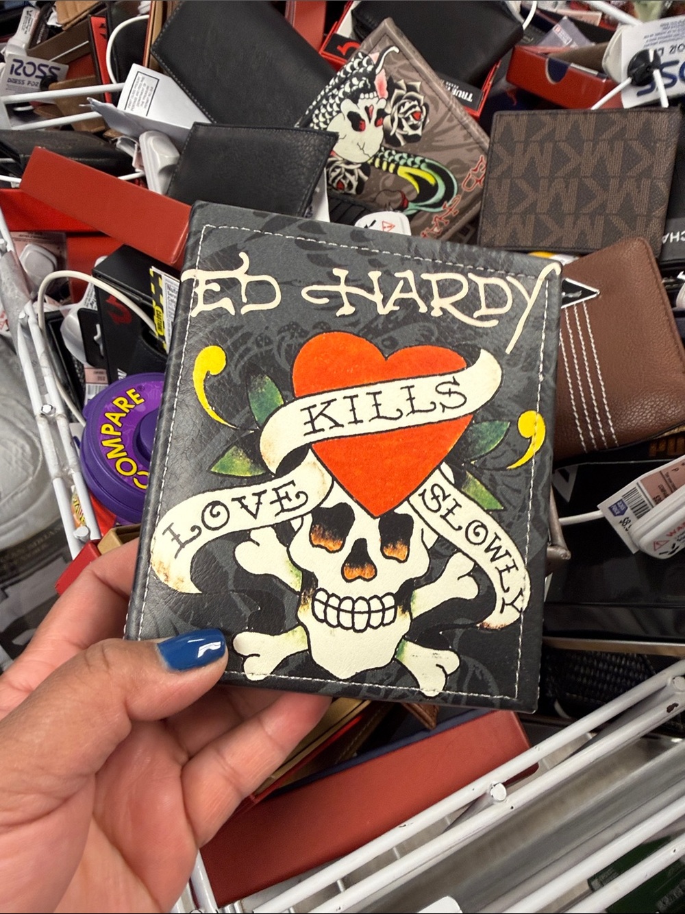 Ed Hardy Black Bifold Wallet with Red Heart & Cream Skull Graphic